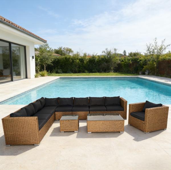All Weather PE Rattan Wicker Outdoor Patio Furniture Set L Shaped Sectional Sofa 2 Coffee Tables Single Chair for Garden