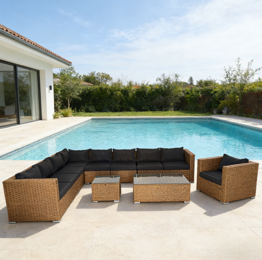 All Weather PE Rattan Wicker Outdoor Patio Furniture Set L Shaped Sectional Sofa 2 Coffee Tables Single Chair for Garden