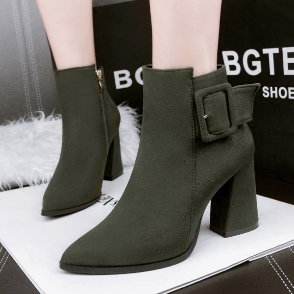 833-3 Korean Fashion Pointed Martin Boots Female Frosted Thick Heel Sexy Female Short Boots Belt Buckle High Heel Boots