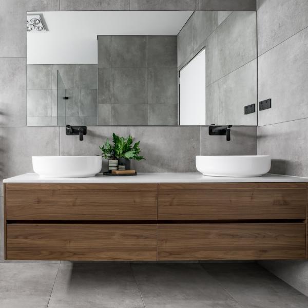 Wall Mounted Melamine Bathroom Vanity Cabinet Handless Modern Waterproof Dark Wooden