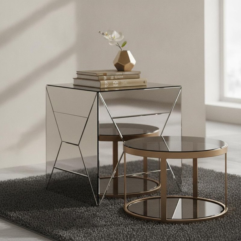 Mirrored Finish Coffee Table with Metal Leg and Rose Gold Mirror
