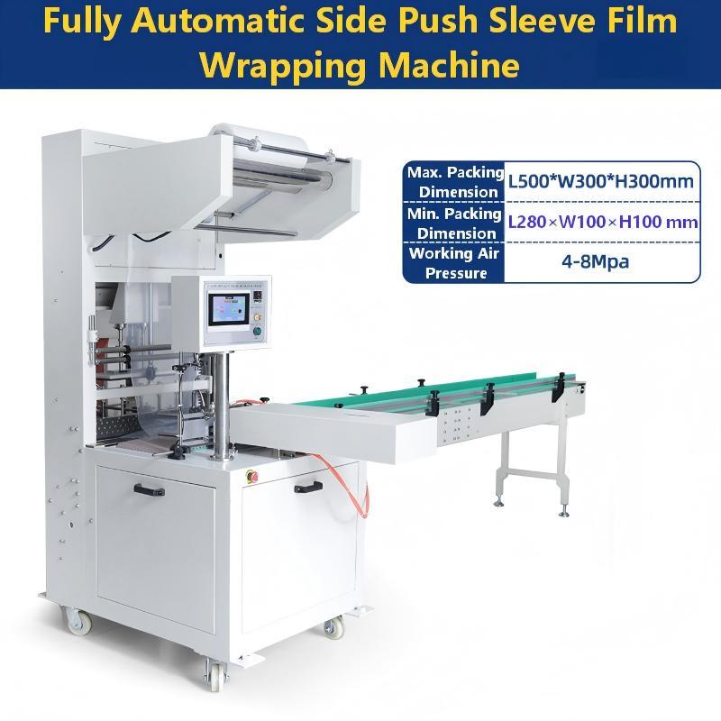 Fully-automatic side pushing sleeve film shrink packaging machine for mineral water bottles beverage beer cans PE film shrink wrapping