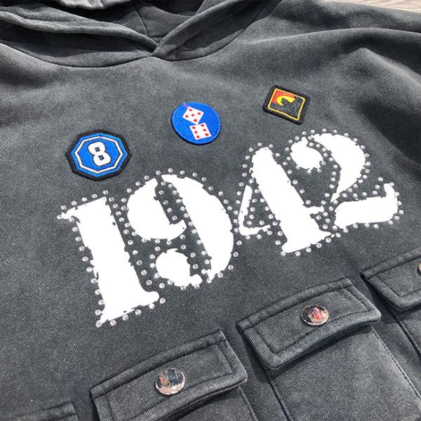 Label Customized Printing Label Oem Hoodie With Contract Stitch Rhinestone Embroidery Logo And Acid Washed Vintage Design