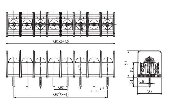 7.62mm Pitch PA66 Housing 300V Rated Voltage Barrier Terminal Block Wire Connector