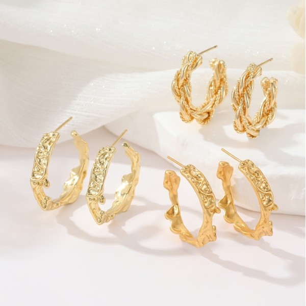 Popular Silver Needle Fashion C Ring Earring Vintage Old Gold Folded Irregular Women's Jewelry Earrings