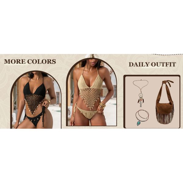 Women'S Boho Hollow Out Halter Bikini Sets Shell Crochet Summer Beach Swimsuit Bathing Suit Skirt Knitted Texture One-Piece Short Hand Crochet Shawl Swimsuit Cover Ups Fashion Accessories