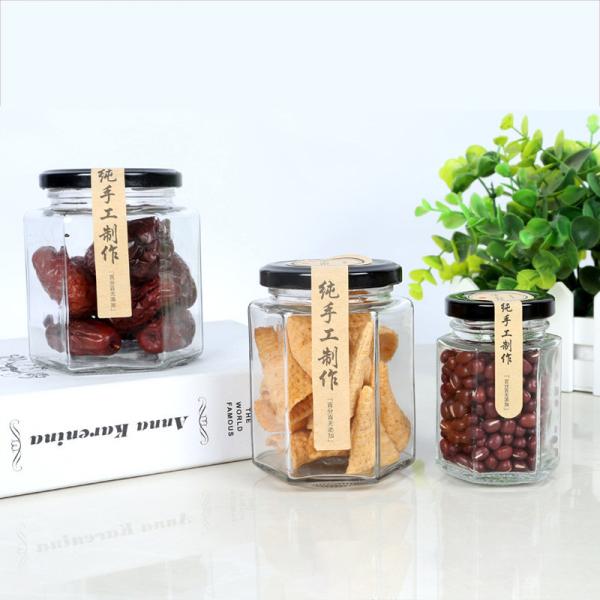 Frascos de vidro dados forma sextavados do armazenamento do tampão de parafuso, doce Honey Jars de vidro da especiaria