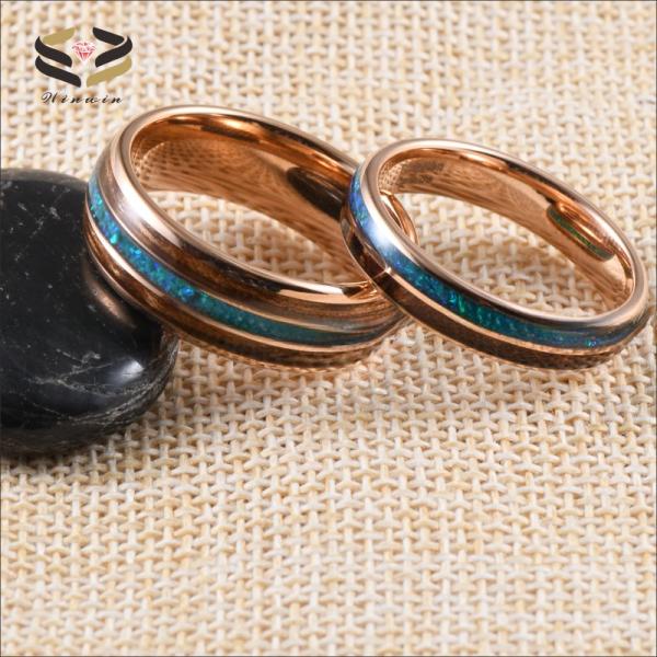 Anniversary Essential 5mm Rose Gold Women's Tungsten Ring with Wood Inlay and Opal Detail