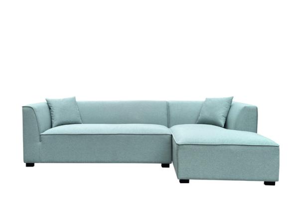 Sectional sofa polyester fabric cover facing right chaise timber legs turquoise D30 pure foam