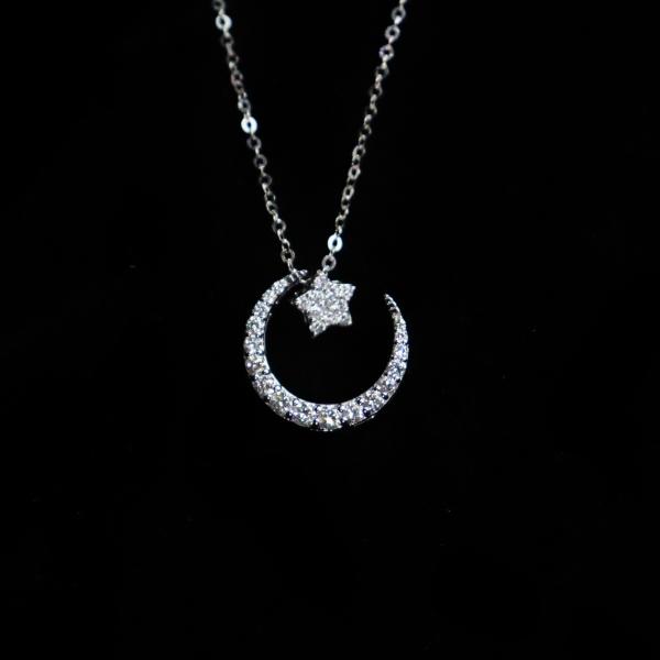 Romantic 18K Gold Crescent Moon Star Lab-Grown Diamond Necklace Wholesale for Lovers White Gold with VVS Clarity for Weddings