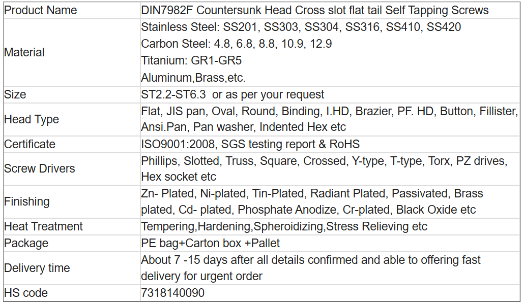 DIN7982F Countersunk Head Cross slot flat tail Self Tapping Screws