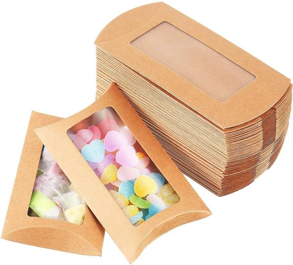 Small Gift Package Custom Window Pillow Boxes Yellow Kraft Paper Pillow Box