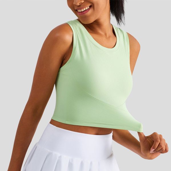 Women's Ribbed Athletic Tank Top Cropped Moisture Wicking Light Green for Tennis