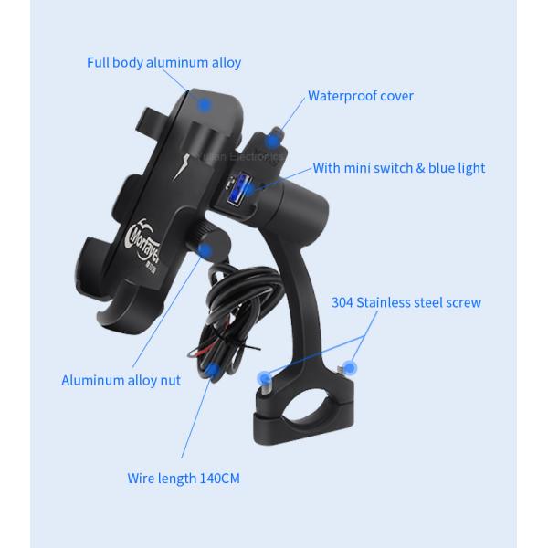 Rear Mirror Dirt Bike Phone Holder , 5V 2.5A Bmw Motorcycle Phone Mount
