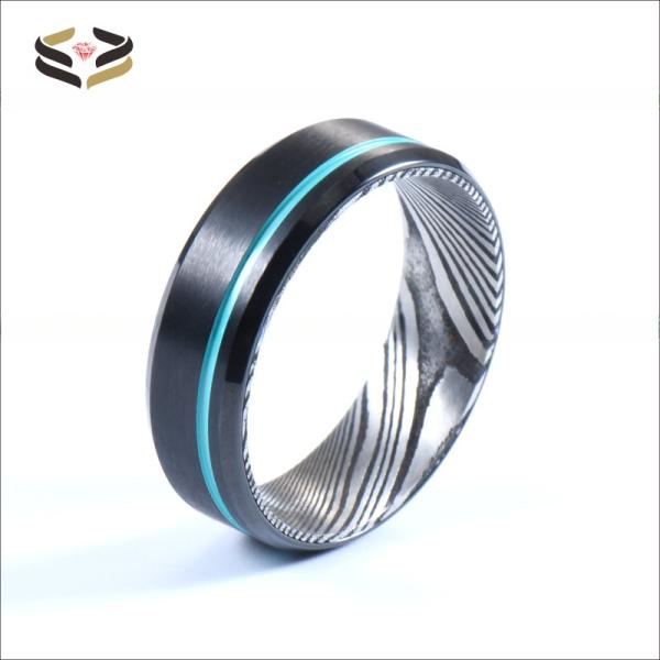 Anillo de Boda Negro de Tungsteno de Acero Damasco 8 mm con Línea Turquesa con Ranuras
