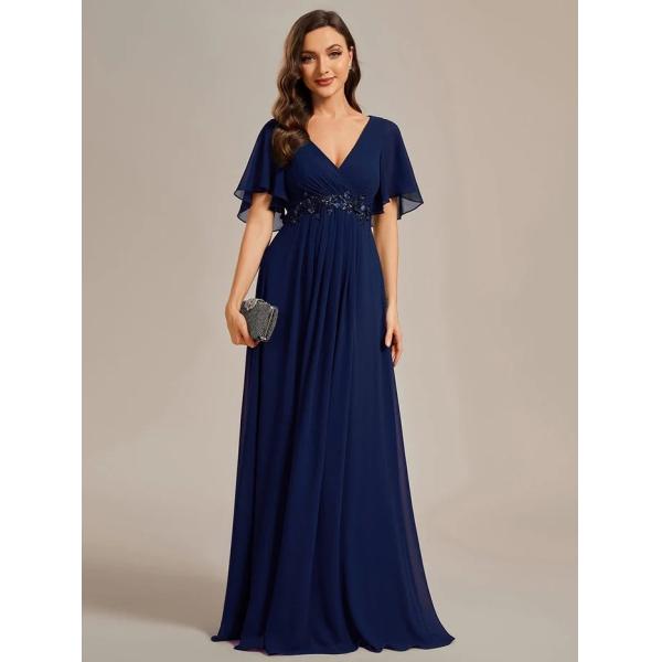Sexy Empire Applique A-line Short Flutter Sleeves V-neck Invisible Zipper Burnt Orange Chiffon Evening Dress