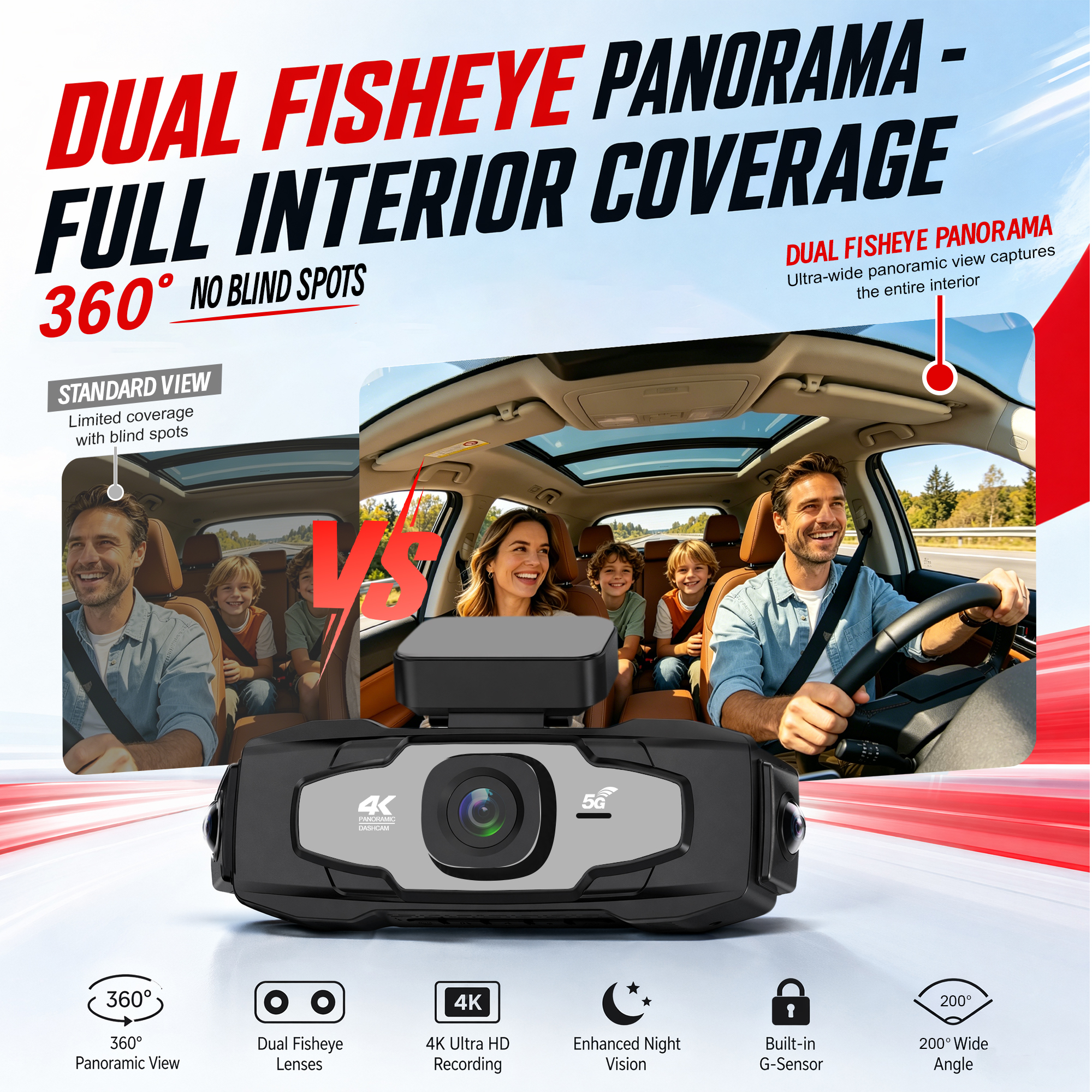 View Angle 1080P Four Channel Dash Cam 4K Plus Triple 1080P 180 Fisheye Lens Car DVR Dash Cam