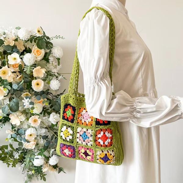 OEM/ODM Acceptable Crochet Women Shoulder Bags Granny Square Tote Bag Knitted Handbags