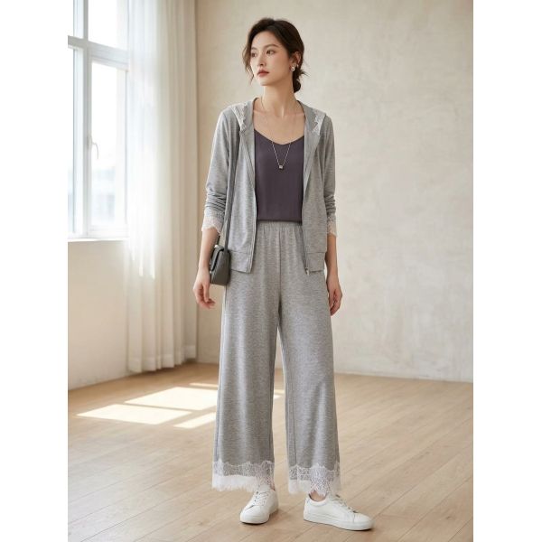Stylish Lace-Trimmed Hem Knit Trousers, High-Quality Blended Fabric of 40% Lenzing™ Modal, 37% Cotton, 17% Polyester and 6% Spandex, Skin-Friendly Elastic Daily Knit Pants