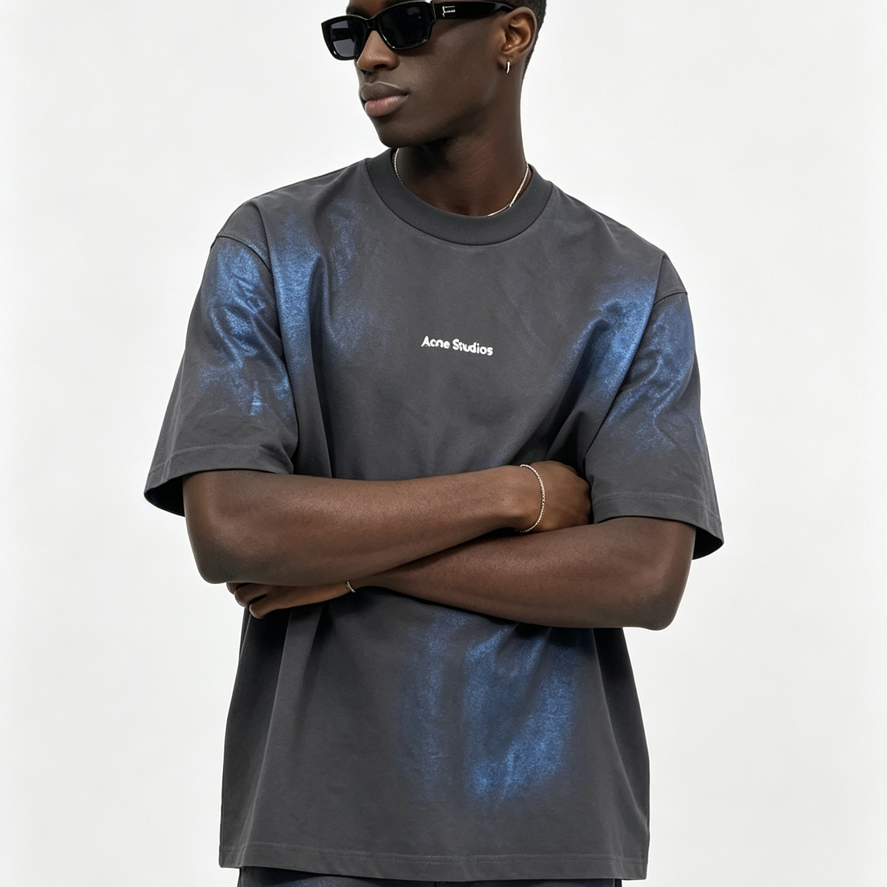 180-250G Slub Cotton Washed Gray T-Shirt, Iridescent Rainbow Foil Print Loose Crew Neck Letter Logo Tee Cross-Border Wholesale
