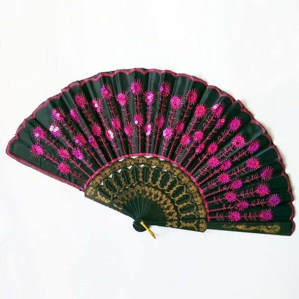 Hot Selling Foldable Hand Held Fan Black Plastic Embroidery Sequin Hand Fan