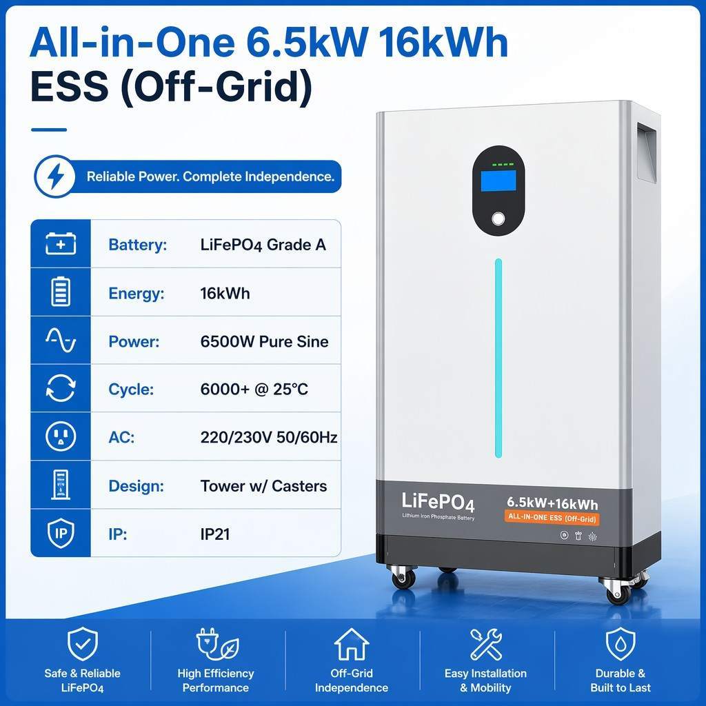 6.5kW 16kWh All In One LiFePO4 Solar ESS Whole Home Off Grid Solar Energy