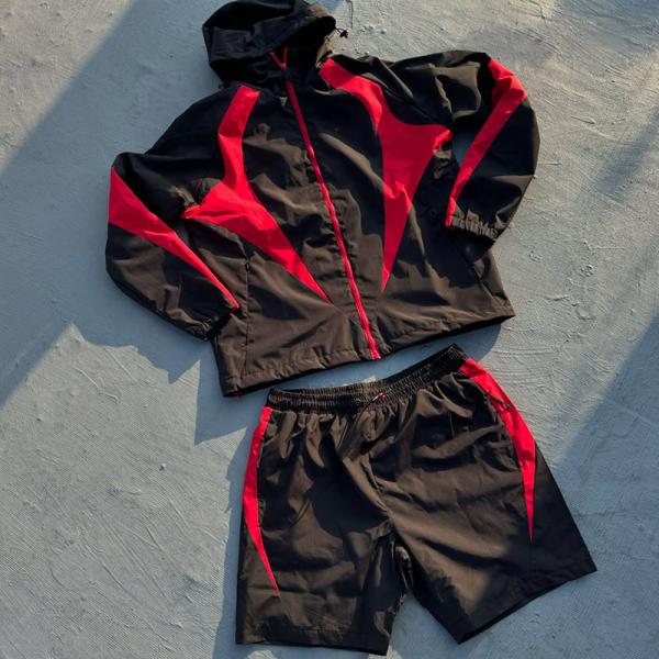 Custom Nylon Windbreaker Short Set Hoodie and Shorts Tracksuit Suit Plaid Pleated Fabric 2 Piece Zip up Jacket and Shorts Set