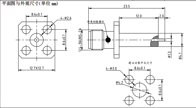 DC-18GHz SMA-KFD197 SMA Female 4 Hole Flange 12.7*12.7mm Connector 