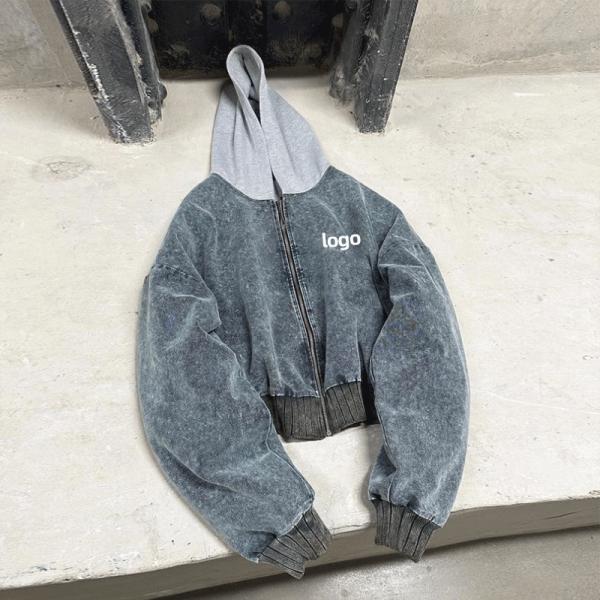 Impression personnalisée Laver à l' acide Hoodie gris Applique couture Denim Coupe de pierre Hoodie lavée
