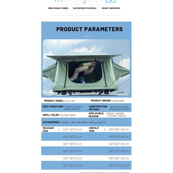 190x310x310cm Outdoor Vehicle Roof Top Tent 2000-3000 mm Custom Color Oxford