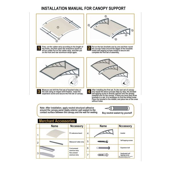 Polycarbonate Sail Material PC Canopy Featuring 600 800 1000 1200 1500mm Length Black Grey Bracket Providing Protection for Outdoor Business Environments