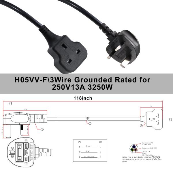 Reino Unido Cabo de extensão de 3 pinos 1M 13A 250V AC