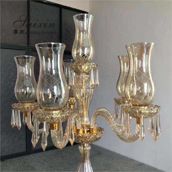 ZT-394 décoration de mariage 6 bras coupé verre tasse haut porte-bougies de couleur or chandeliers