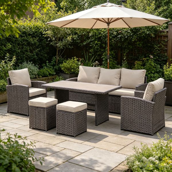 6 Pieces Patio Dining Set All Weather Wicker Furniture Steel Frame Rattan Dining Table and Chair Poly Wooden Table Top