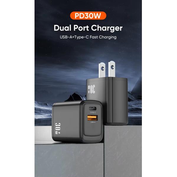 Custom Logo US Plug 30W Fast Charging Charger Dual Port USB Type C Mobile Phone Charger PD Power Adapter