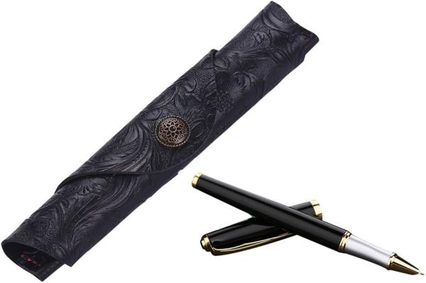 Vintage Handmade Leather Single Pen Case Holder Cowhide Fountain Pen Sleeve Roll Wrap Pen Pouch (Black Carved)