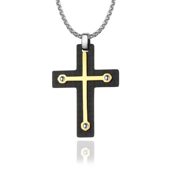 Religious Christian Zircon Men's Cross Pendant Necklace Stainless Steel with Gold Plating