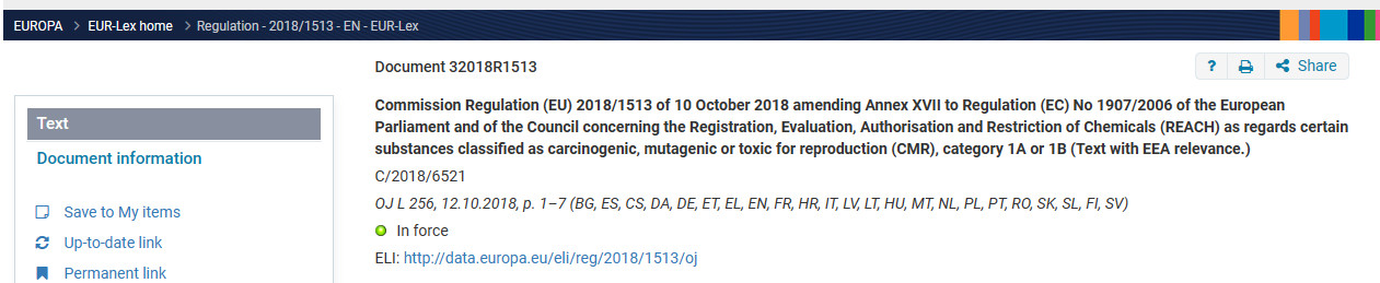 Запись 72 в Регламенте Комиссии (ЕС) 2018/1513 о внесении изменений в приложение XVII к Регламенту REACH (ЕС) No 1907/2006