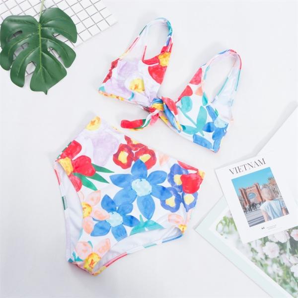 push up bathing suits Tie a Knot Two-piece  Bathing Suit Bikini With Flower Print High Waist Swimsuit