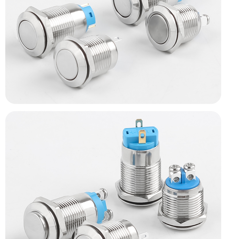 12mm Metal 2-Pin Push Button Switch, Self-Locking and Self-Resetting, Screw Terminals, Solder Pins, No Light, High Flat Head, Small Modding Button