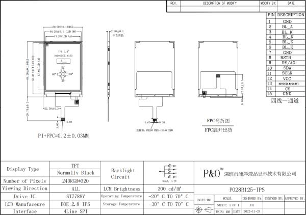 Polcd 2.8 pulgadas ST7789V IC 240 * 400 Resolución 15 pines 2.8 SPI pantalla LCD