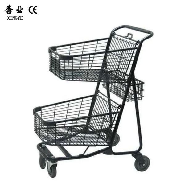 Double Basket Wire Shopping Cart Metal Black Customized Colors