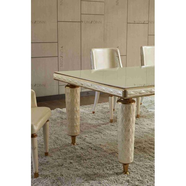 Embroidery Leather Cover Luxury Modern Dining Tables White Tempered Glass Top Stainless Steel Frame For Home