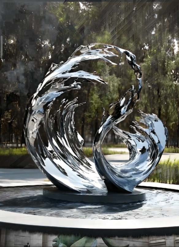 Contemporary 316L Stainless Steel Mirror Polished Abstract Metal Fountain Sculpture for Garden and Outdoor Decor
