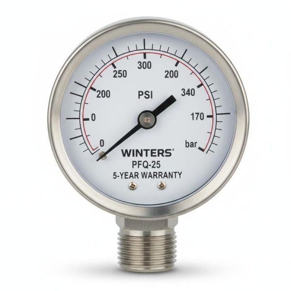 WINTERS PFQ-25 63mm Dial Size Industrial Pressure Gauge with AISI 304 Stainless Steel and 5-Year Warranty