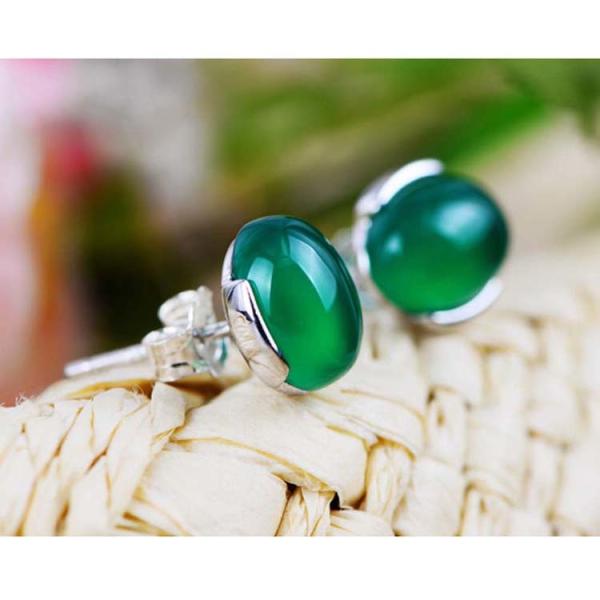 925 Sterling Silver Oval  Green Onyx Bead Stud Earrings(033422W)