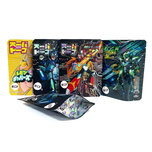 Custom Child Resistant 3.5g Mylar Bags | Holographic Bottom Gusset Stand Up
