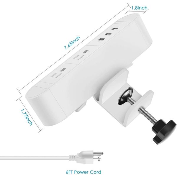 White Sleek Aluminium Clamp Mounted Surge Protector 3 USB Ports 45mm