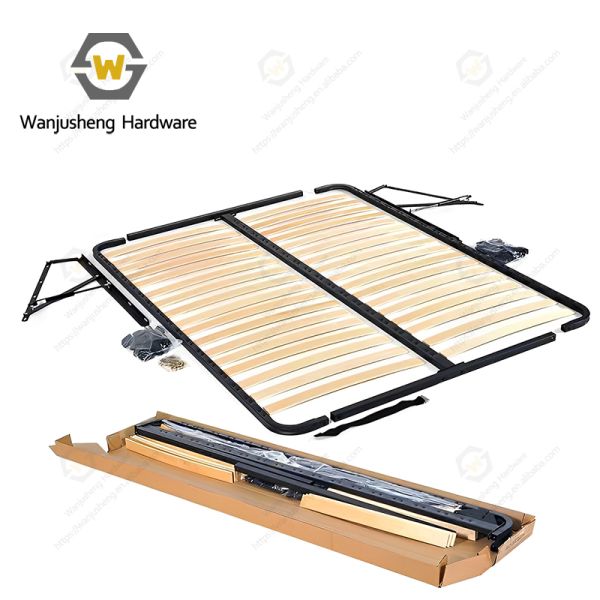 Metal Bed Base Mechanism with Wooden Slats Detachable Storage - Functioned Bedroom Flat Bed Frame.