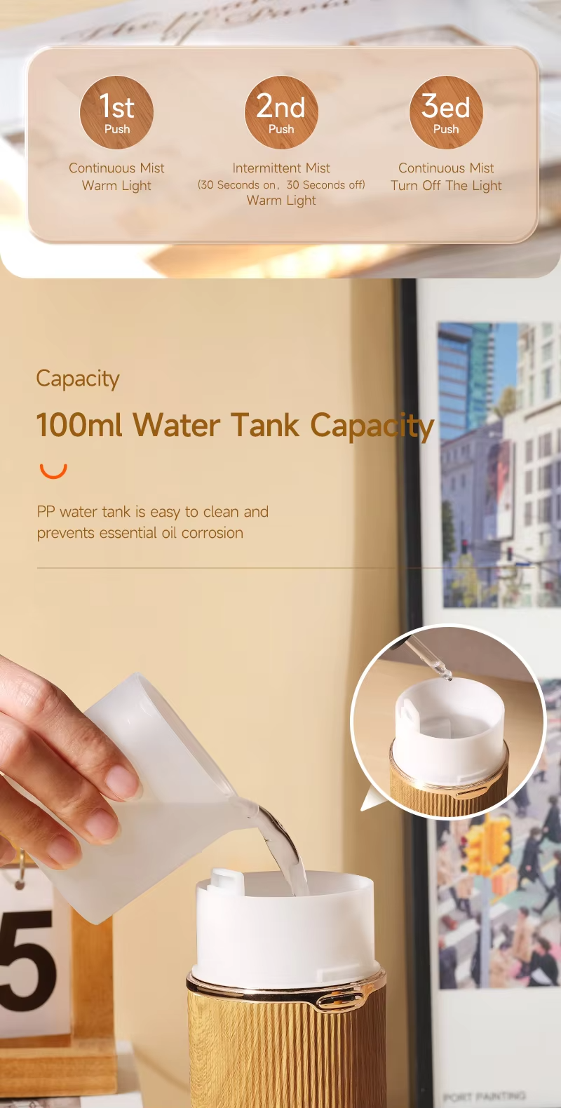 USB Type-C Home Aroma Diffuser with 100ml Water Tank Capacity and Waterless Auto Shut-Off